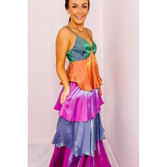 Harvest Hour Tiered Colorblock Dress in Emerald/Purple - Picture 5 of 7